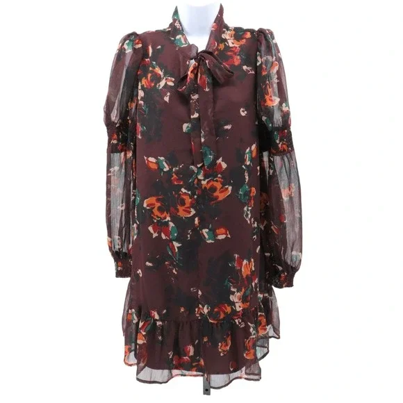 Walter Baker Floral Mini Dress Sheer Sleeve Tie Neck Ruffle Hem Large - Picture 2 of 14